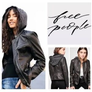 FREE PEOPLE Black Women's Faux Leather Hooded Moto Jacket